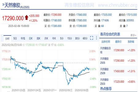 沪胶主力合约收涨 1.2% 收盘报17290元/吨